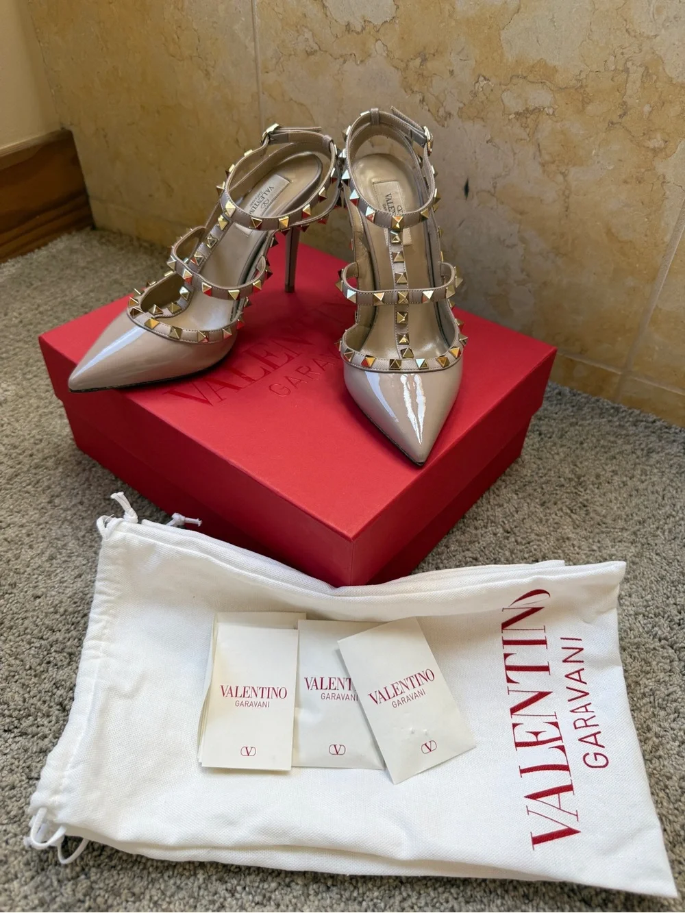 Valentino Garavani Nude Patent Rockstud T-Strap Pumps
